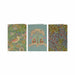 Three William Morris style patterned cards or envelopes displayed side by side on a white background, featuring floral, bird, and leaf motifs in muted green, blue, pink, and gold tones.