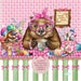A whimsical illustrated scene featuring a brown wombat wearing pink glasses and a pink bow headband, sitting at a table with a teacup and surrounded by colorful craft supplies, flowers, yarn, and a sign that reads 'Home Sweet Home.' A smaller wombat appears in a basket on the left.