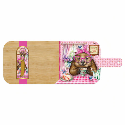 Bamboo cutting board with a decorative design featuring a bear character, glasses, and a teacup on a white background.