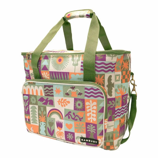 Bambury Zippora large insulated cooler bag in a retro patchwork print with green carry handles, adjustable shoulder strap and front zip pocket