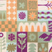 Close-up of the Bambury Zippora cooler bag fabric, showing a retro patchwork print of flowers, birds and geometric shapes in orange, magenta, olive, mint and cream on woven canvas