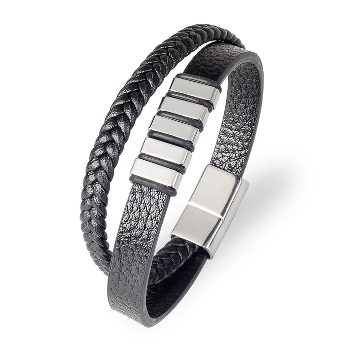 Men's Silver and Black Leather Double Braclet