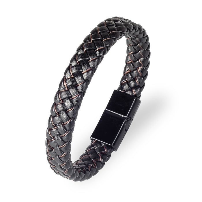 Men's Woven Leather Bracelet - Black with Brown Thread