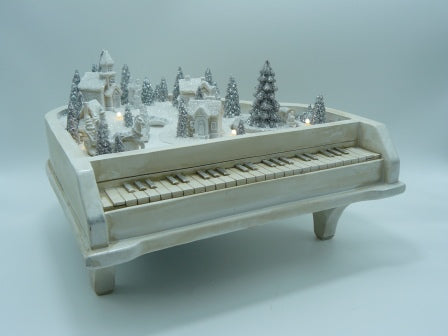 Piano with White Christmas Scene, LED Lights and Spinning Tree/Train