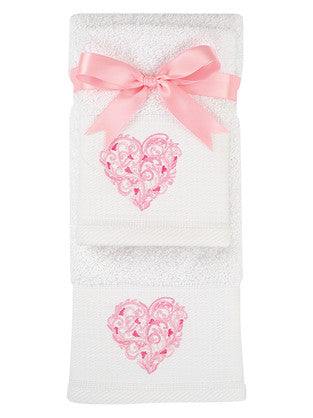 Hand Towel Set - Ogilvies Amore White Cotton Hand Towel and Washer with Pink Embroidered Heart
