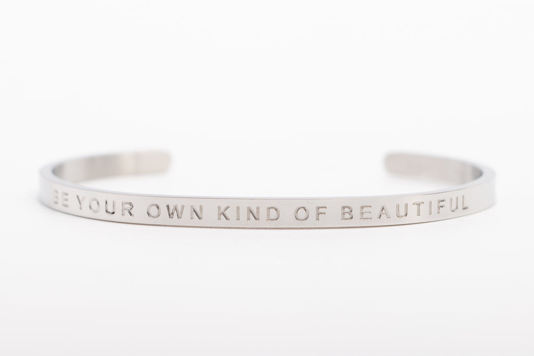 Stainless Steel Cuff Bangle with Empowering Mantra, hypoallergenic