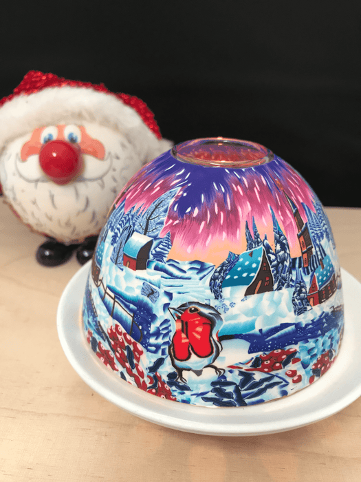 Glowing Glass Art Dome Candle Holder Christmas Art de Lumina Bird in Snow 